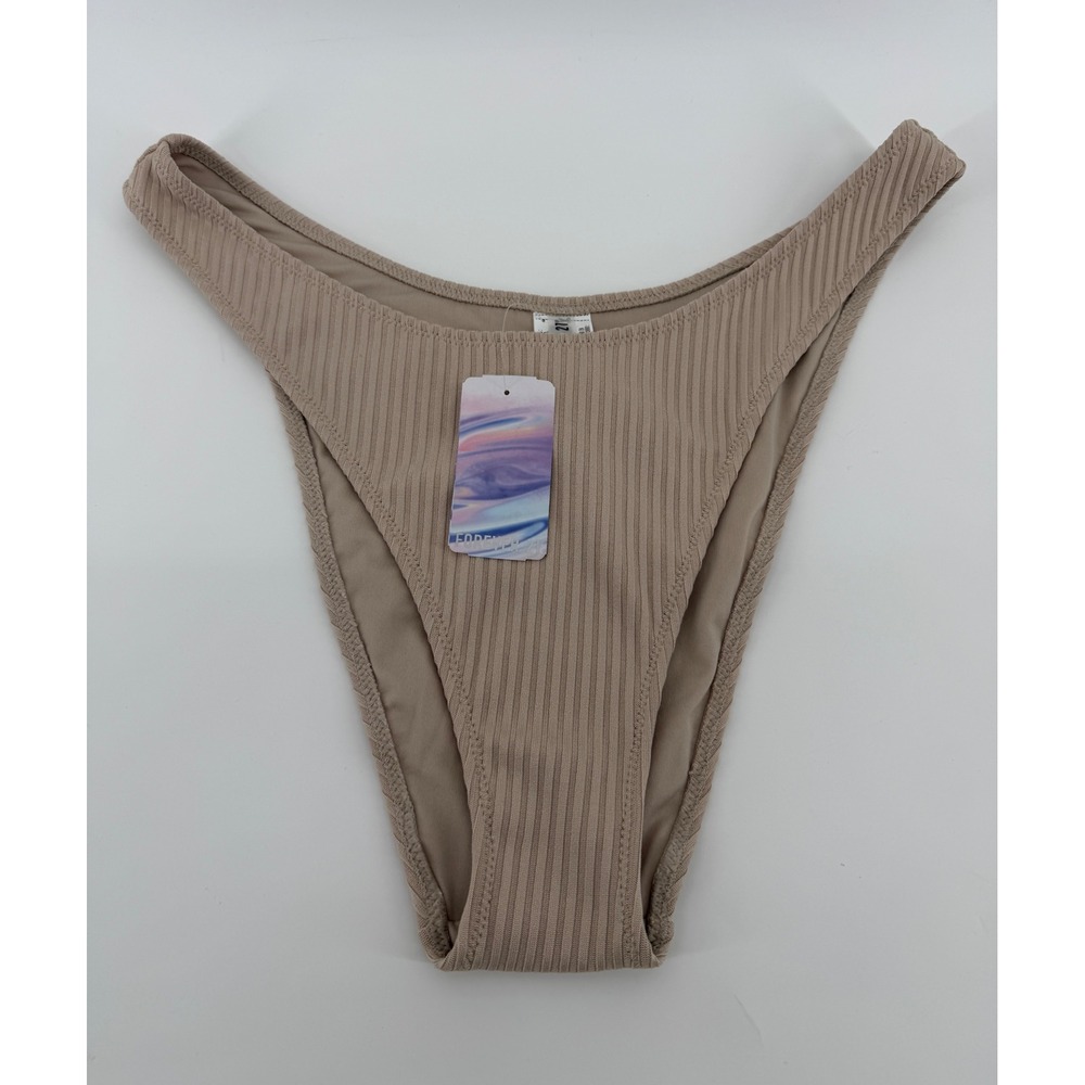 Forever 21 Women Taupe Ribbed V-Front High Cut Bikini Swim Bottoms Large NWT
